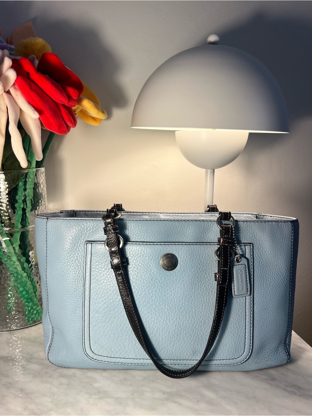 VINTAGE Coach Y2K Chelsea East West Pebbled Leather Tote Bag Baby Blue 8E97